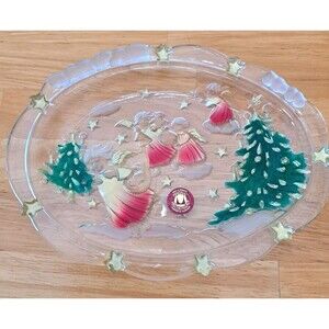 Waltherglas Crystal Oval Dish Christmas Trees Angels Made in Germany 9.25" x 7"